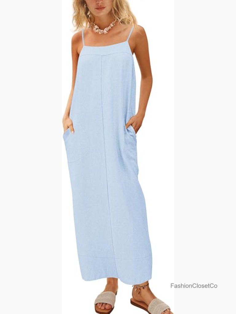 Womens Linen Maxi Dress Spaghetti Strap Square Neck Backless Slit